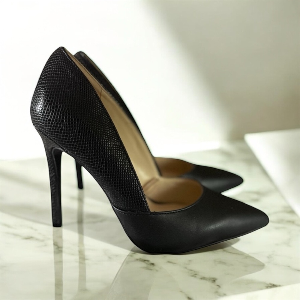 Jessica Simpson Anyelin Heels Pump Black 6 Pointed Toe Dual Texture Faux Snake